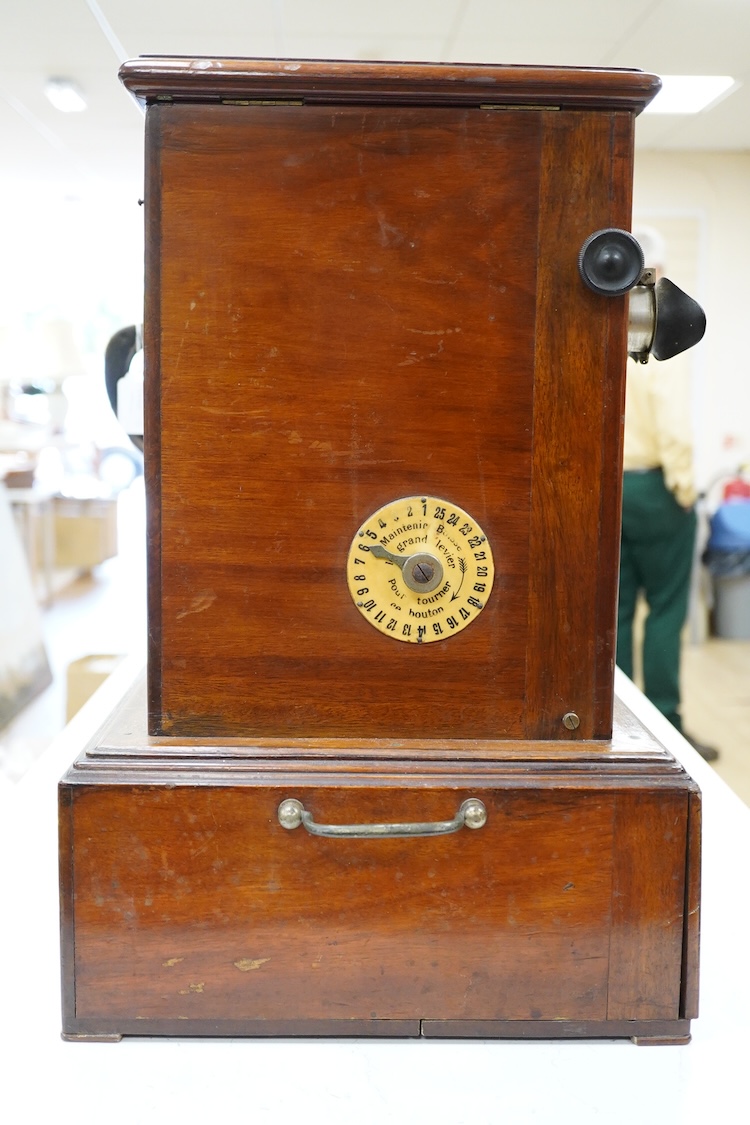 A late 19th century French mahogany Taxiphote stereoscopic table top viewer, 51cm high, 33cm wide